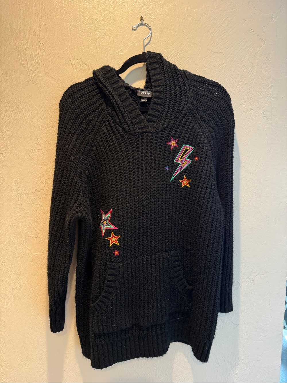 torrid Black Knit Hoodie Sweater with Colorful Star & Lightning Patches